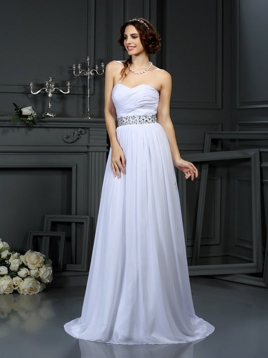 Beading Long A-Line/Princess Sweetheart Sleeveless Chiffon Wedding Dresses