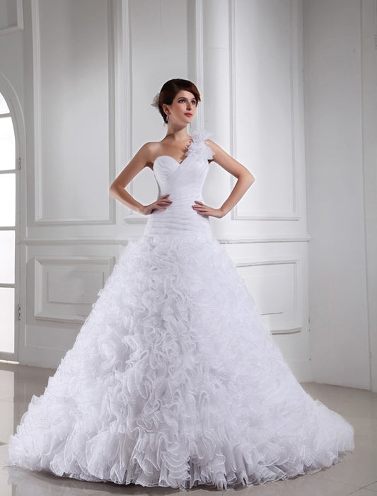 Sweetheart Beading Gown Sleeveless Ball Long One-shoulder Organza Wedding Dresses