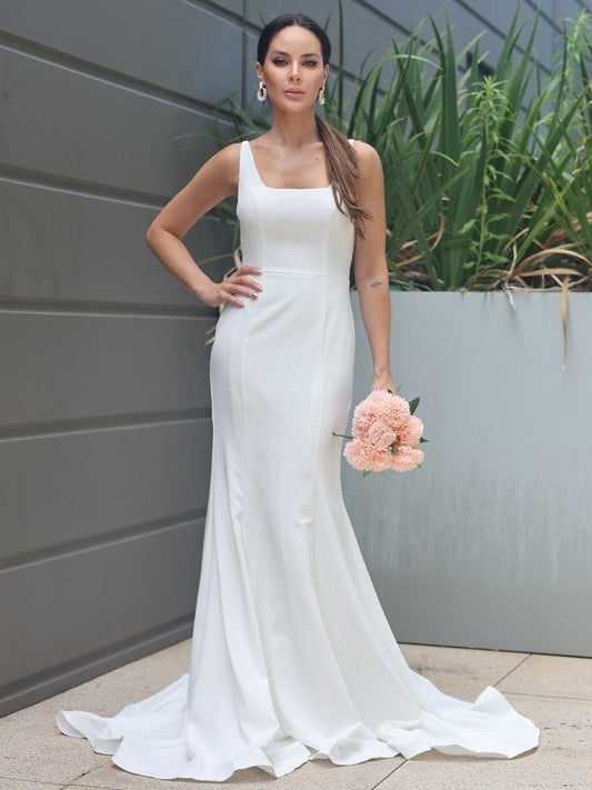 Sheath/Column Crepe Ruffles Stretch Sleeveless Sweep/Brush Straps Train Wedding Dresses