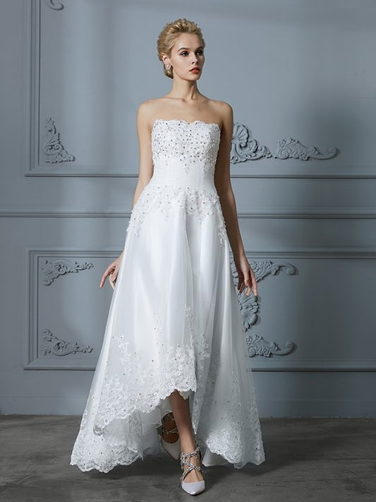 A-Line/Princess Asymmetrical Sleeveless Beading Sweetheart Tulle Wedding Dresses