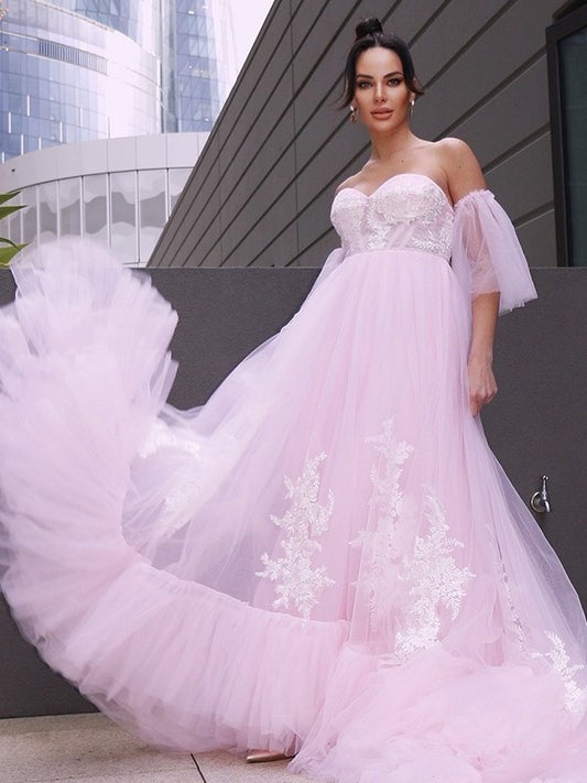 Applique Court Sleeves Sweetheart Tulle Short A-Line/Princess Train Wedding Dresses