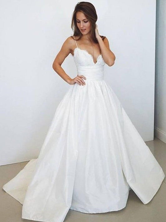 Ball Gown Spaghetti Ruched Sweep/Brush Straps Sleeveless Satin Train Wedding Dresses