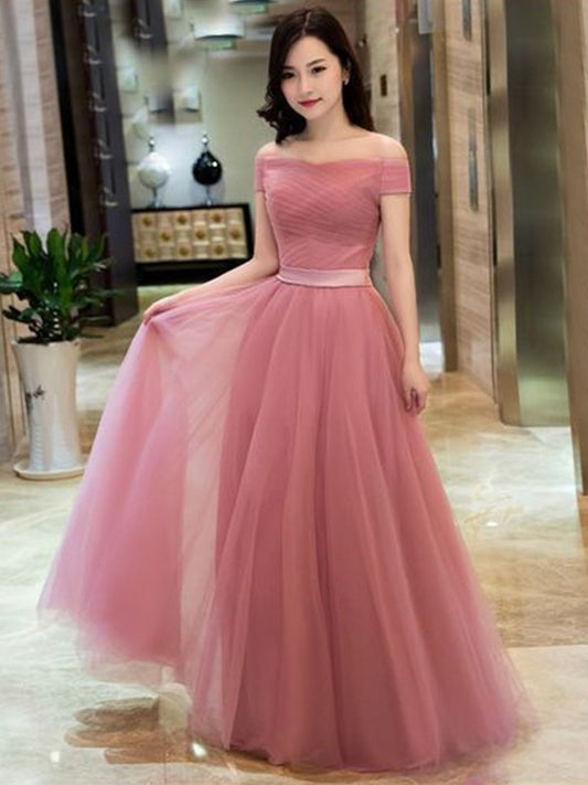 Ruffles Off-the-Shoulder A-Line/Princess Tulle Sleeveless Floor-Length Dresses