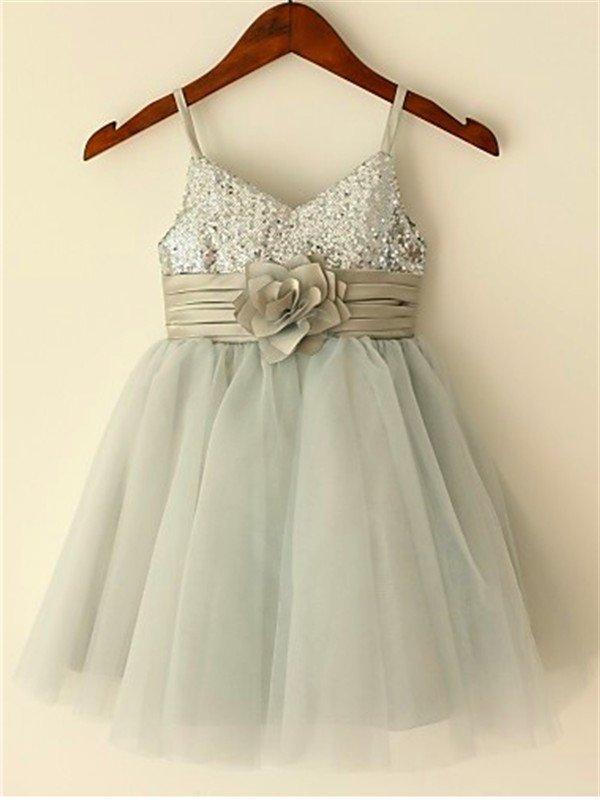 Straps Sleeveless A-line/Princess Spaghetti Tea-Length Sequin Tulle Flower Girl Dresses