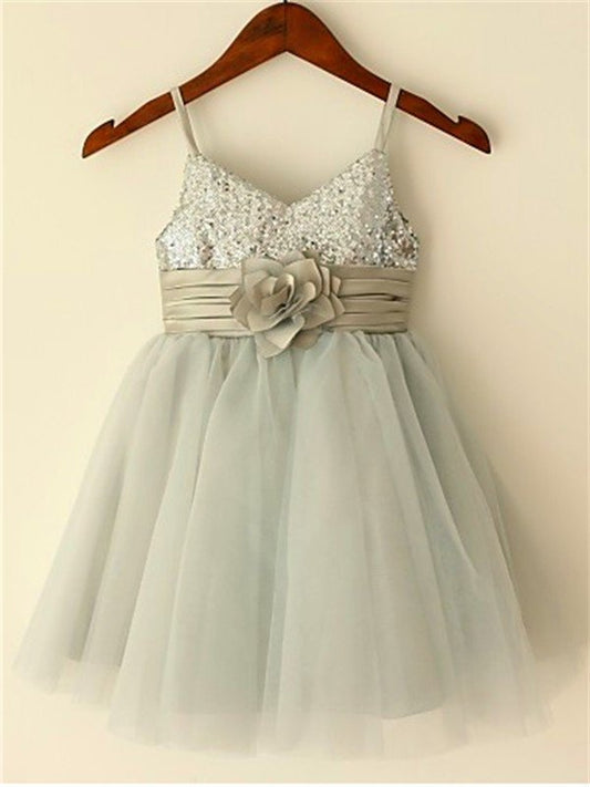 Straps Sleeveless A-line/Princess Spaghetti Tea-Length Sequin Tulle Flower Girl Dresses