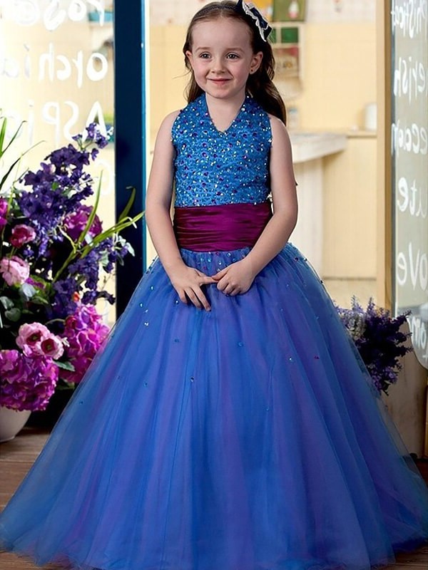 Halter Sleeveless Floor-Length Ball Sequins Tulle Gown Flower Girl Dresses