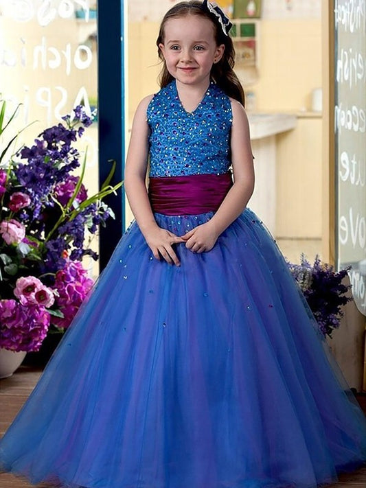 Halter Sleeveless Floor-Length Ball Sequins Tulle Gown Flower Girl Dresses