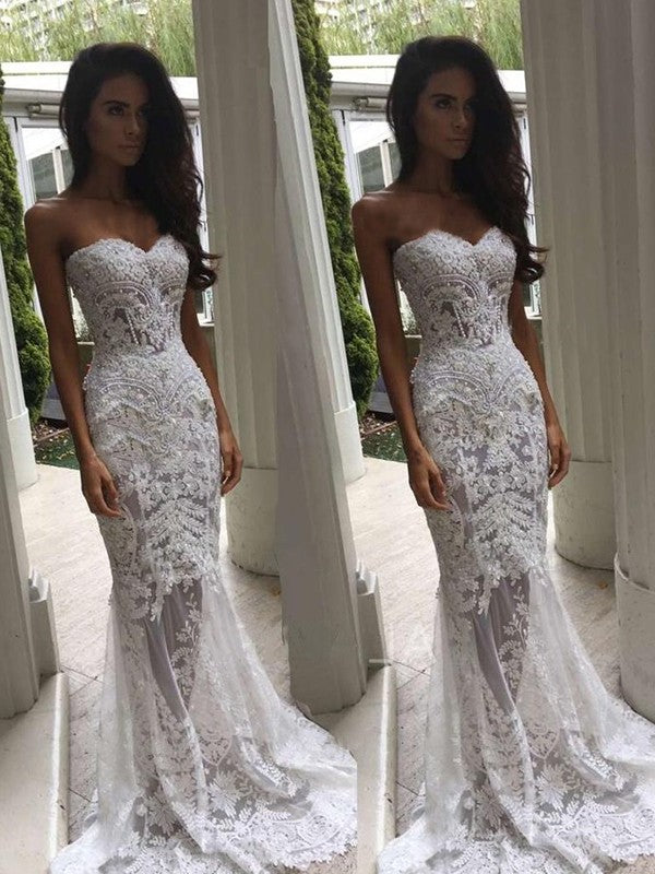 Trumpet/Mermaid Applique Sleeveless Sweetheart Train Court Lace Wedding Dresses