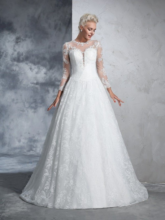 Long Sleeves Gown Lace Jewel Long Ball Lace Wedding Dresses