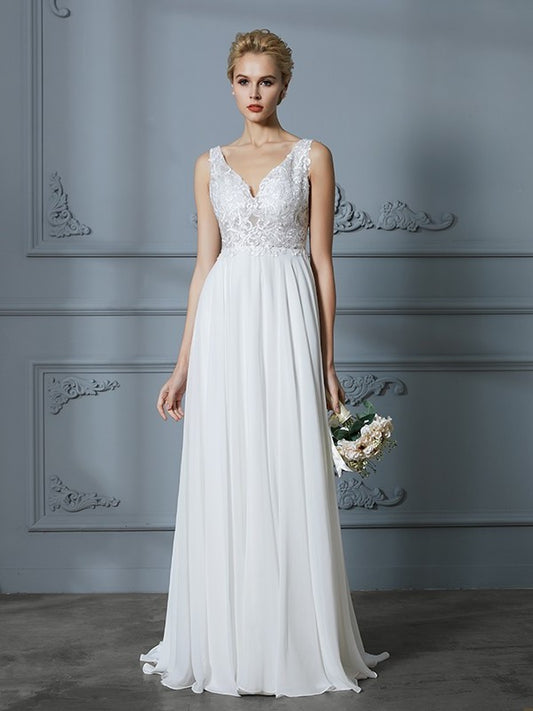 A-Line/Princess Train Sweep/Brush Sleeveless V-neck Chiffon Wedding Dresses