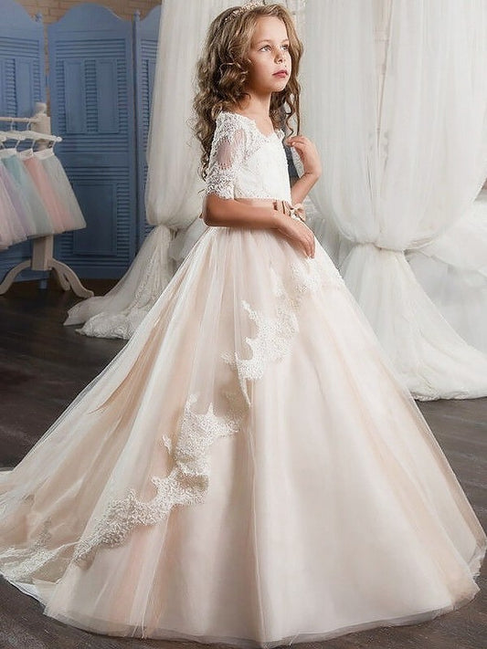 Sash/Ribbon/Belt Off-the-Shoulder Short Gown Sleeves Ball Tulle Flower Girl Dresses