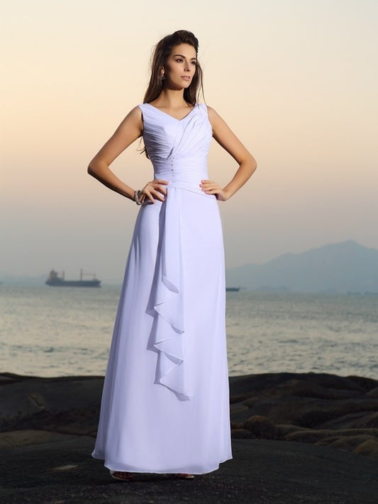 Chiffon V-neck A-Line/Princess Sleeveless Pleats Long Beach Wedding Dresses