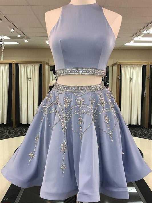 Sleeveless Bateau Satin Beading A-Line/Princess Short/Mini Two Piece Dresses