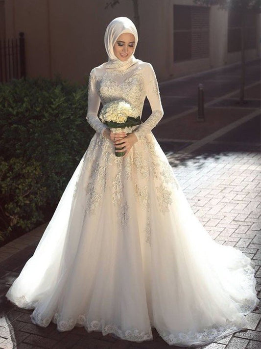 Train Gown Long Ball Applique Sleeves Sweep/Brush Jewel Tulle Wedding Dresses