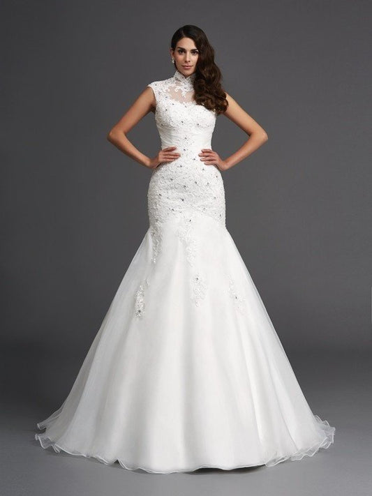 Beading High Trumpet/Mermaid Sleeveless Long Neck Organza Wedding Dresses