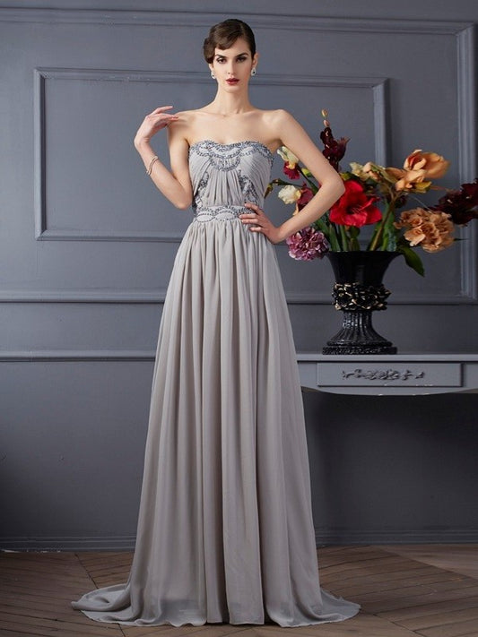 Sleeveless Sweetheart Pleats Beading A-Line/Princess Long Chiffon Dresses