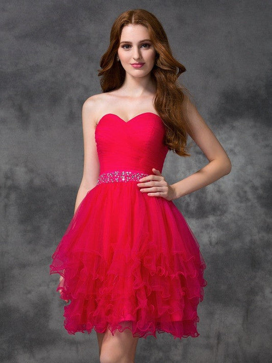 A-line/Princess Sweetheart Irene Beading Sleeveless Short Satin Homecoming Dresses Cocktail Dresses