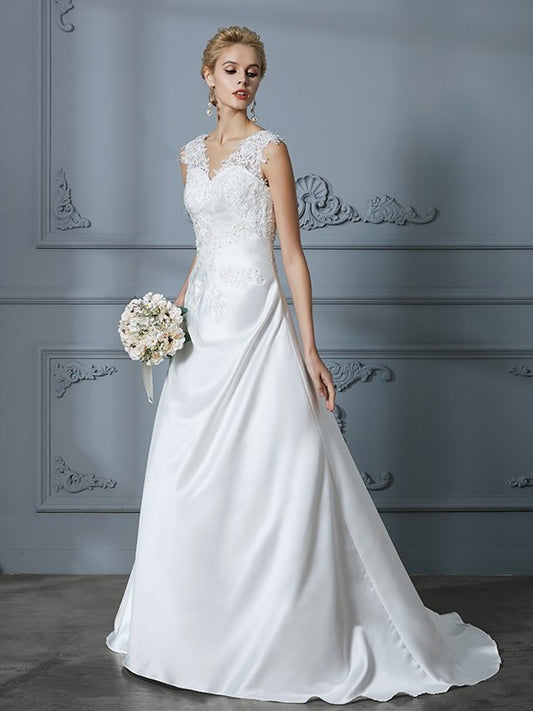 V-neck Applique Train Sweep/Brush A-Line/Princess Sleeveless Satin Wedding Dresses