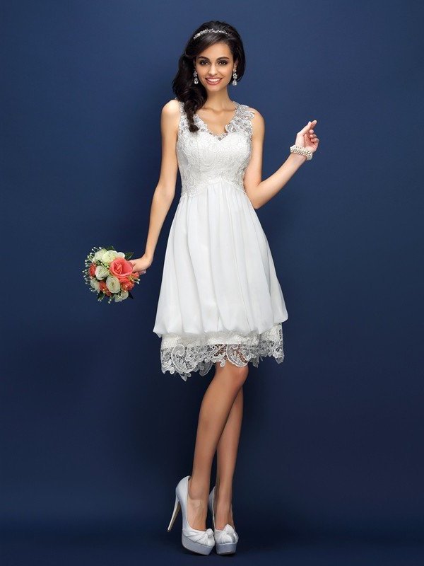 V-neck Sleeveless Lace A-Line/Princess Short Bridesmaid Dresses