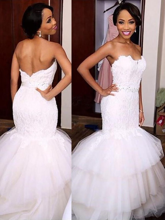 Court Trumpet/Mermaid Sleeveless Lace Train Sweetheart Tulle Wedding Dresses