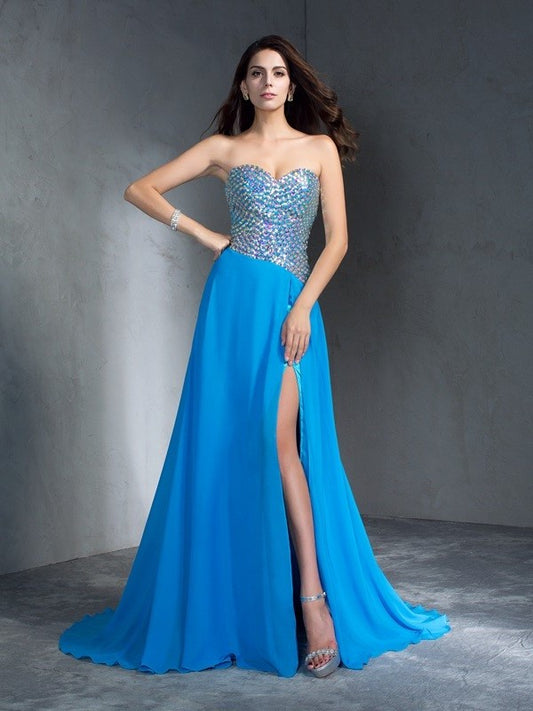 Sweetheart Sleeveless A-Line/Princess Sequin Long Chiffon Dresses