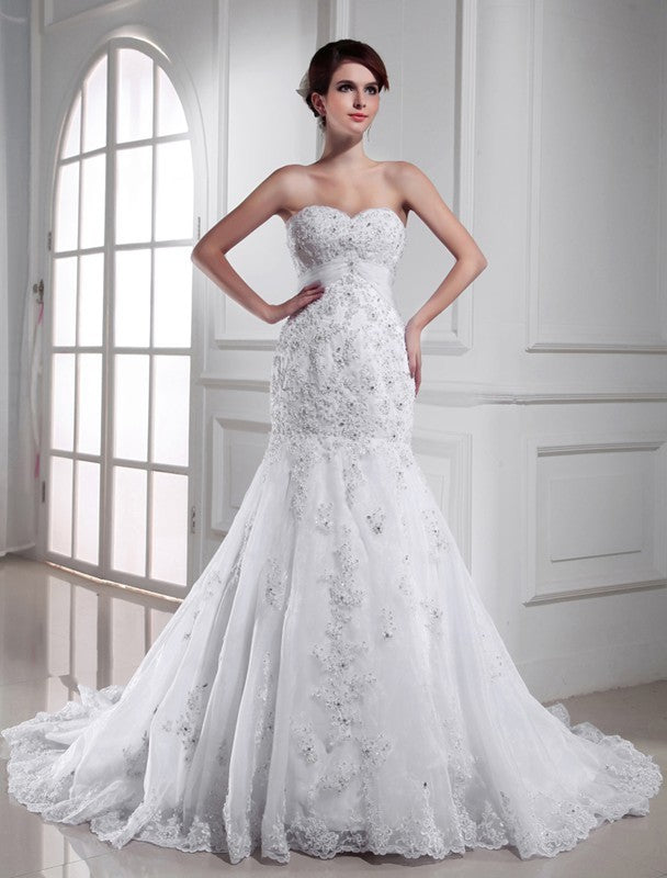 Sweetheart Sleeveless Applique Trumpet/Mermaid Beading Organza Wedding Dresses