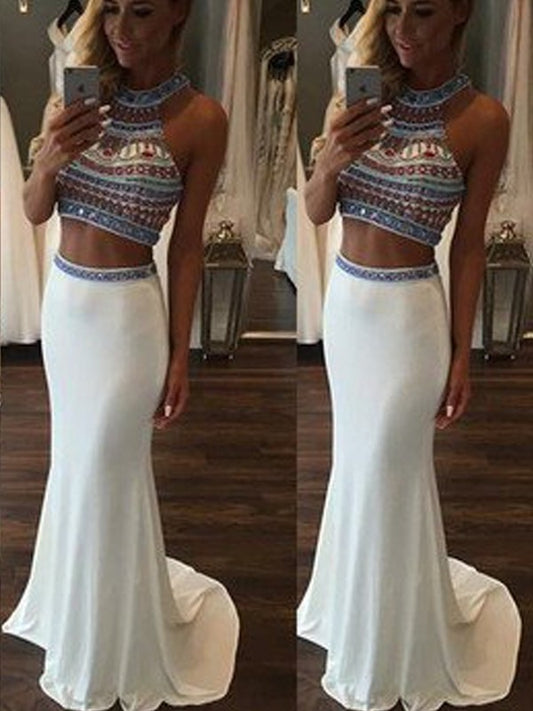 Train Spandex Sleeveless Sweep/Brush Beading Trumpet/Mermaid Halter Two Piece Dresses