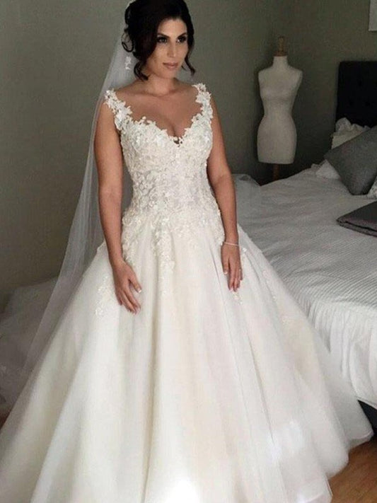 Train Court Ball Gown Sleeveless V-neck Applique Lace Tulle Wedding Dresses