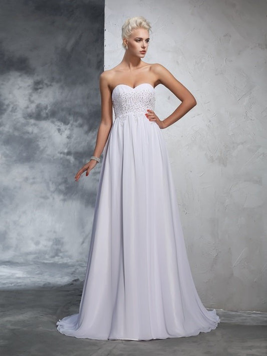 Sweetheart Beading Sleeveless A-Line/Princess Long Chiffon Wedding Dresses