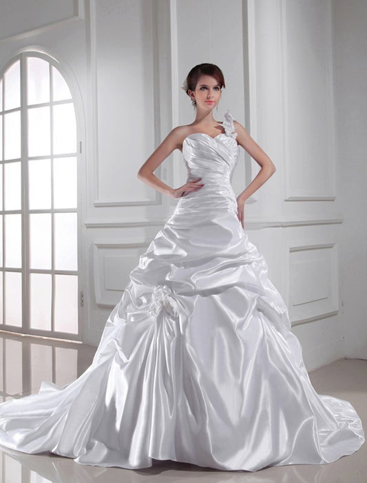 Pleats A-Line/Princess One-shoulder Sweetheart Sleeveless Woven Elastic Long Satin Wedding Dresses