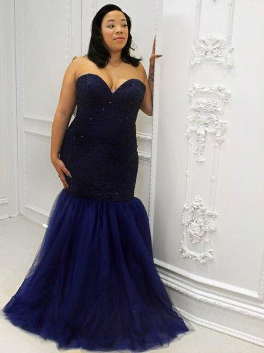 Floor-Length Trumpet/Mermaid Sequin Tulle Sleeveless Sweetheart Plus Size Dresses