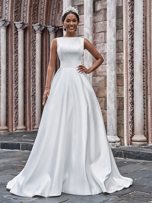 Sweep/Brush Ruffles Sleeveless Satin Bateau A-Line/Princess Train Wedding Dresses