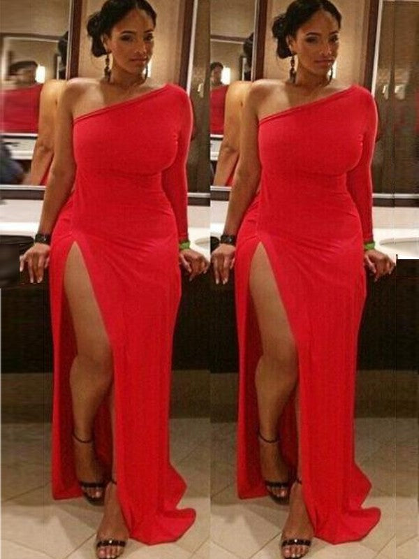 One-Shoulder Long Train Spandex Sleeves Sweep/Brush Sheath/Column Ruched Plus Size Dresses