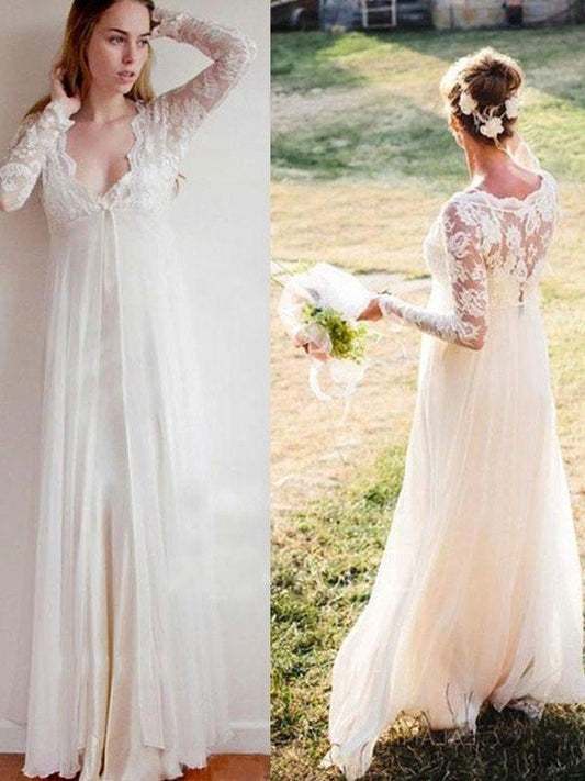 Lace V-neck Empire Long Sleeves Chiffon Floor-Length Wedding Dresses