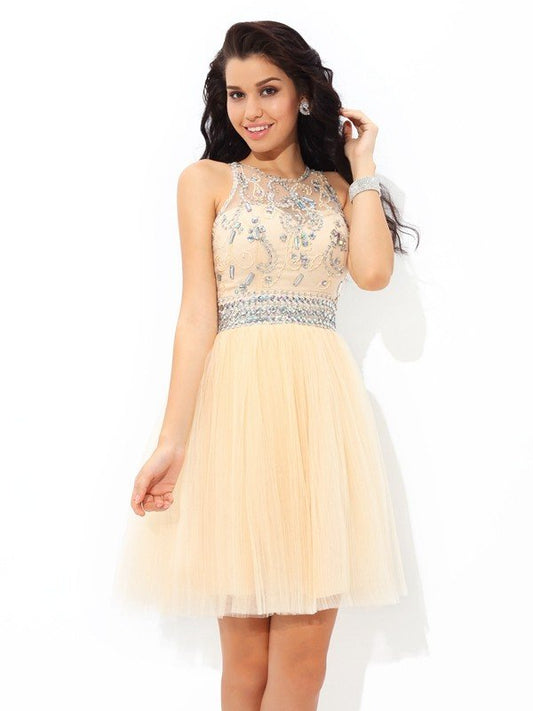 Brooklyn A-Line/Princess Homecoming Dresses Sheer Neck Beading Sleeveless Short Net Cocktail Dresses