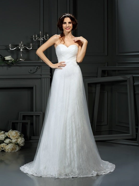 A-Line/Princess Sweetheart Long Sleeveless Pleats Net Wedding Dresses