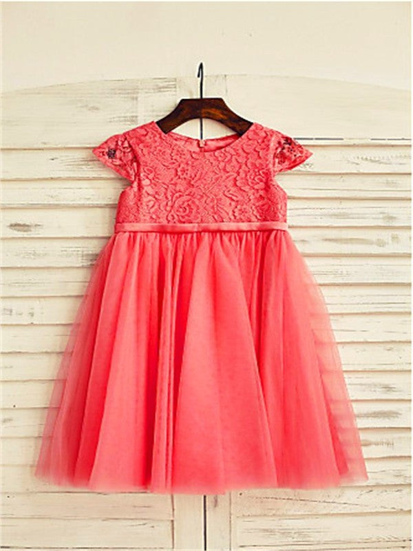 A-line/Princess Lace Scoop Tea-Length Tulle Short Sleeves Flower Girl Dresses