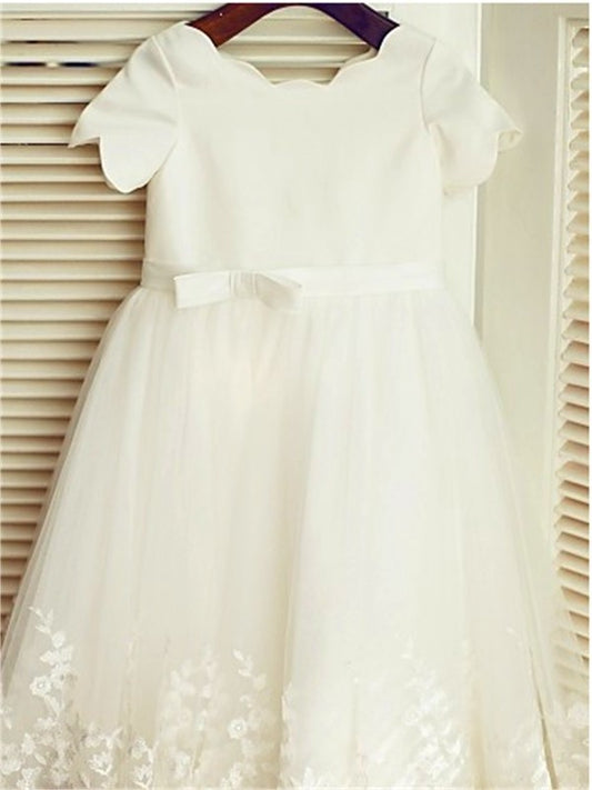 Scoop Sleeves Short Tea-Length Lace A-line/Princess Flower Girl Dresses