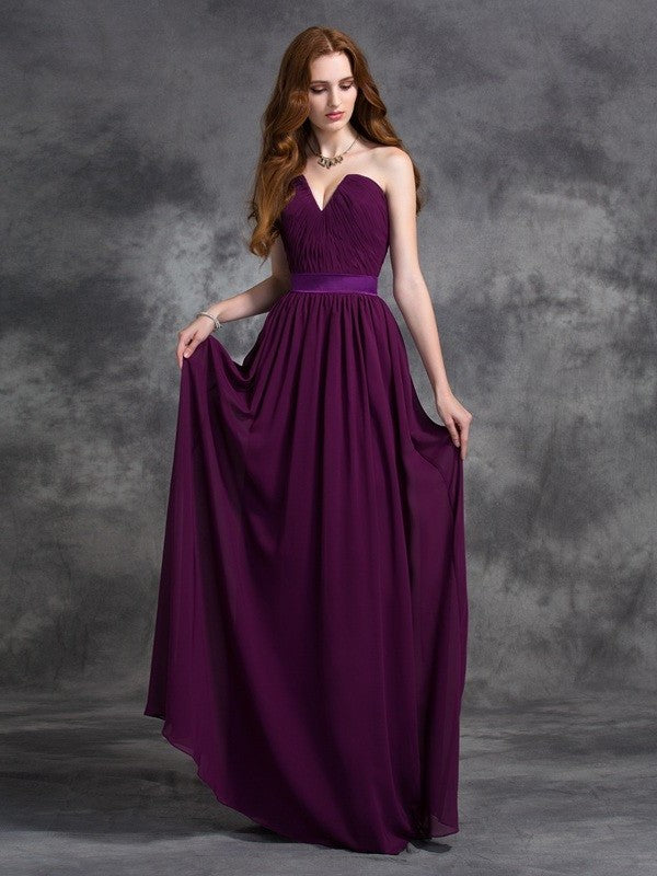 Ruched A-line/Princess Sleeveless Sweetheart Long Chiffon Bridesmaid Dresses