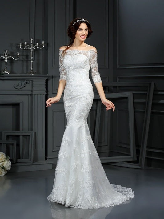 Sleeves Sheath/Column Off-the-Shoulder Long Lace 1/2 Lace Wedding Dresses