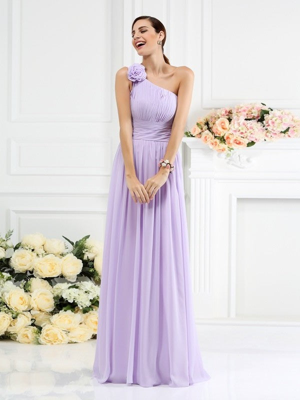 Long Hand-Made A-Line/Princess Pleats Sleeveless Flower One-Shoulder Chiffon Bridesmaid Dresses