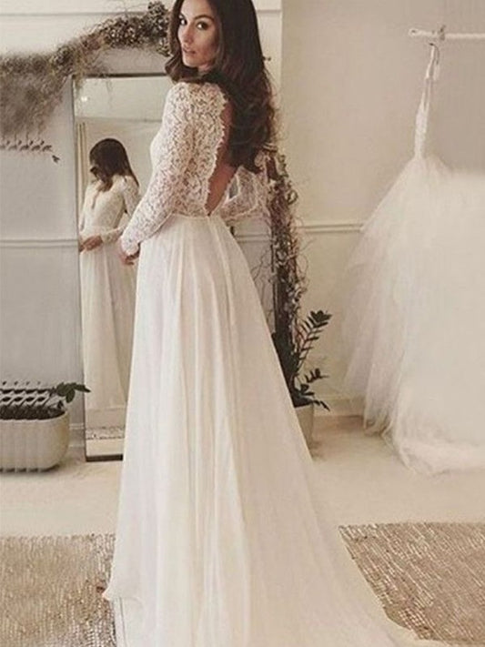 Chiffon Long Sweep/Brush A-Line/Princess Scoop Sleeves Lace Train Wedding Dresses