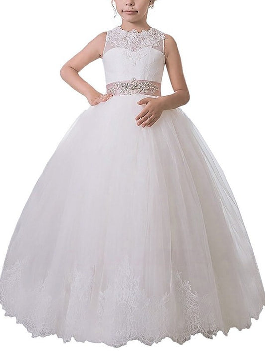 Ball Sleeveless Gown Scoop Tulle Floor-Length Sash/Ribbon/Belt Flower Girl Dresses