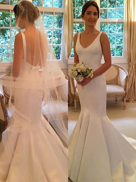 Trumpet/Mermaid Sleeveless Satin Sweep/Brush V-neck Train Wedding Dresses