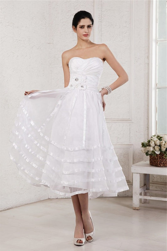 Sleeveless Strapless Pleats A-Line/Princess Short Hand-Made Organza Flower Taffeta Wedding Dresses