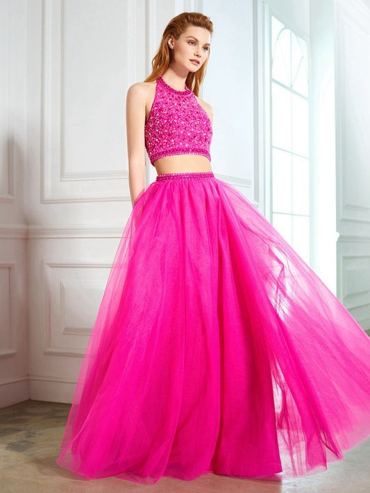 Net Floor-Length Sleeveless Halter Beading A-Line/Princess Two Piece Dresses