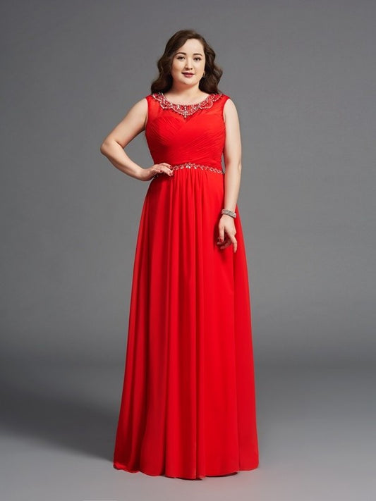 Sleeveless Long Chiffon Beading Scoop A-Line/Princess Plus Size Dresses