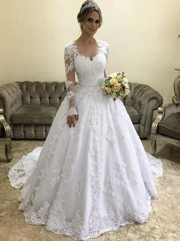 Ball Long V-neck Sleeves Train Gown Applique Court Satin Wedding Dresses