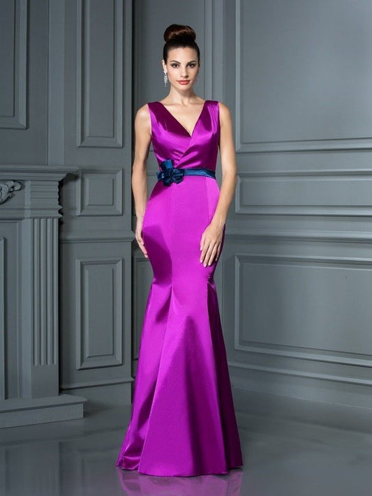 V-neck Woven Long Trumpet/Mermaid Hand-Made Flower Sleeveless Elastic Satin Bridesmaid Dresses