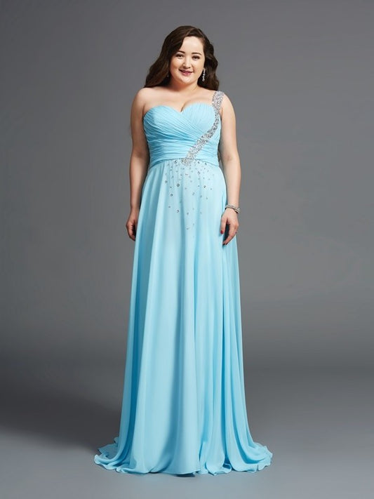 Chiffon One-Shoulder Rhinestone Long Sleeveless A-Line/Princess Plus Size Dresses